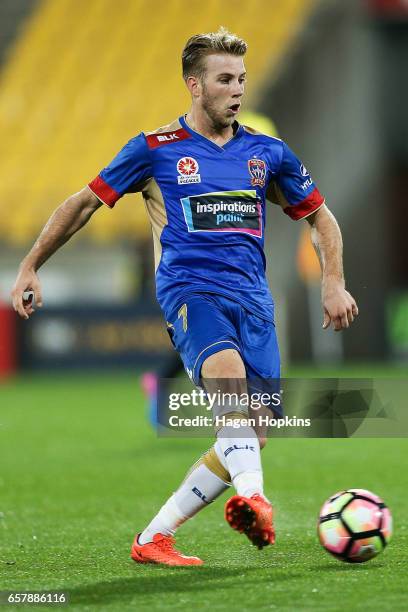 Andrew Hoole of the Jets in action during the round 24 A-League match between Wellington Phoenix and Newcastle Jets at Westpac Stadium on March 26,...