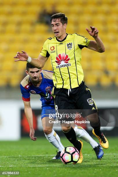 Alex Rodriguez of the Phoenix in action during the round 24 A-League match between Wellington Phoenix and Newcastle Jets at Westpac Stadium on March...