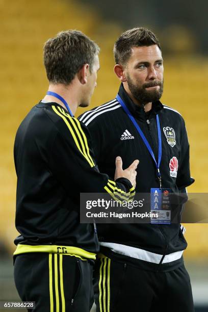 Co-coaches Des Buckingham and Chris Greenacre of the Phoenix of the Phoenix talk during the round 24 A-League match between Wellington Phoenix and...