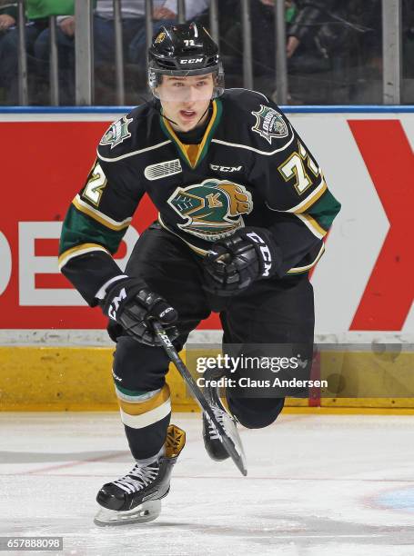 Janne Kuokkanen of the London Knights skates against the Windsor Spitfires during Game One of the OHL Western Conference Quarter Finals at Budweiser...