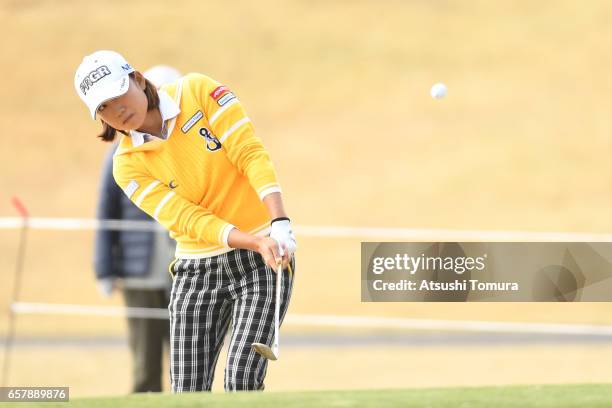 Erina Hara of Japan chips onto the 1st green during the final round of the AXA Ladies Golf Tournament at the UMK Country Club on March 26, 2017 in...