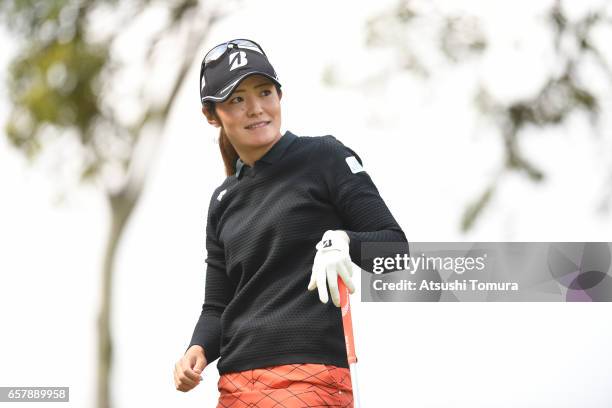 Ayaka Watanabe of Japan smiles during the final round of the AXA Ladies Golf Tournament at the UMK Country Club on March 26, 2017 in Miyazaki, Japan.