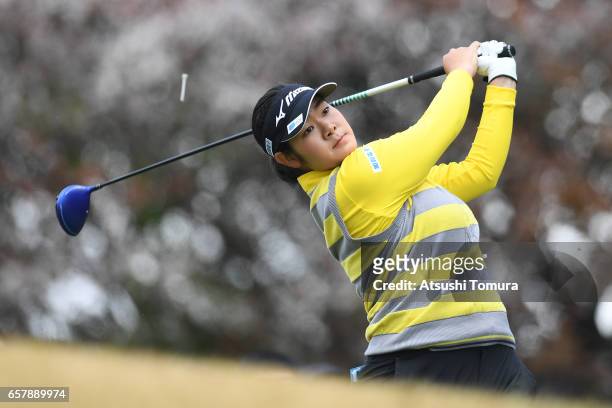 Fumika Kawagishi of Japan hits her tee shot on the 8th hole during the final round of the AXA Ladies Golf Tournament at the UMK Country Club on March...