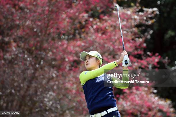 Haruka Morita of Japan hits her tee shot on the 16th hole during the final round of the AXA Ladies Golf Tournament at the UMK Country Club on March...
