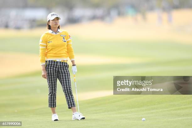 Erina Hara of Japan looks on during the final round of the AXA Ladies Golf Tournament at the UMK Country Club on March 26, 2017 in Miyazaki, Japan.
