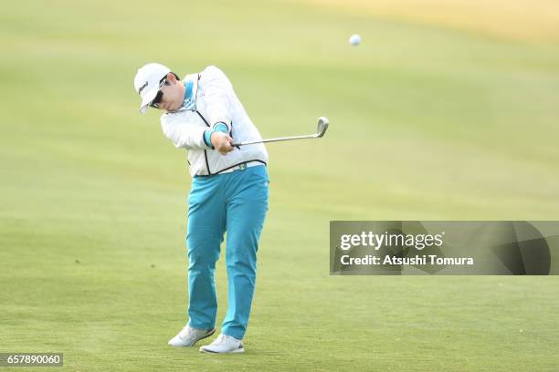 Jiyai Shin of South Korea hits her third shot on the 1st hole during the final round of the AXA Ladies Golf Tournament at the UMK Country Club on...