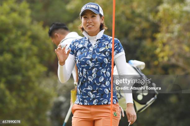 Maiko Wakabayashi of Japan celebrates on the 2nd hole after a hole-in-one during the final round of the AXA Ladies Golf Tournament at the UMK Country...