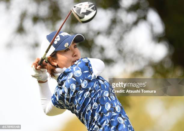 Maiko Wakabayashi of Japan hits her tee shot on the 3rd hole during the final round of the AXA Ladies Golf Tournament at the UMK Country Club on...