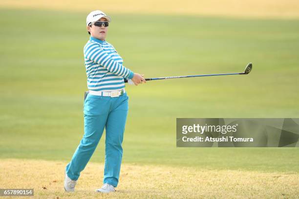 Jiyai Shin of South Korea hits her second shot on the 1st hole during the final round of the AXA Ladies Golf Tournament at the UMK Country Club on...