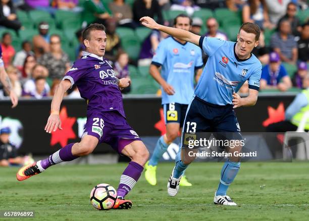 Lucian Goian of the Glory looks to pass the ball during the round 24 A-League match between Perth Glory and Sydney FC at nib Stadium on March 26,...