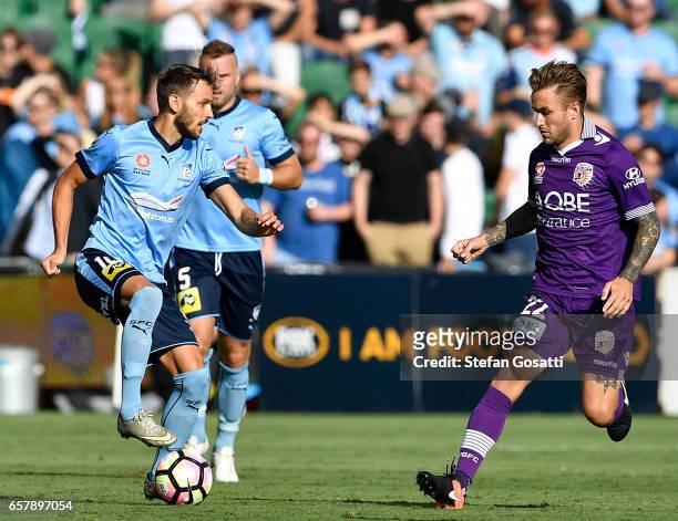 Milos Ninkovic of Sydney FC controls the ball during the round 24 A-League match between Perth Glory and Sydney FC at nib Stadium on March 26, 2017...