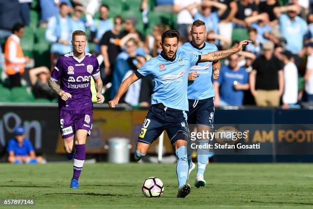 Milos Ninkovic of Sydney FC kicks the ball during the round 24 A-League match between Perth Glory and Sydney FC at nib Stadium on March 26, 2017 in...