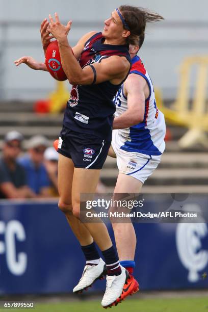 Devlin Brereton of the Sandringham Dragons, son of Hawthorn Hawks Legend Dermott Brereton, competes for the ball during the 2017 TAC round 01 match...