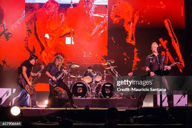 Robert Trujillo, Kirk Hammett, Lars Ulrich and James Hetfield members of the band Metallica performs live on stage at Autodromo de Interlagos on...