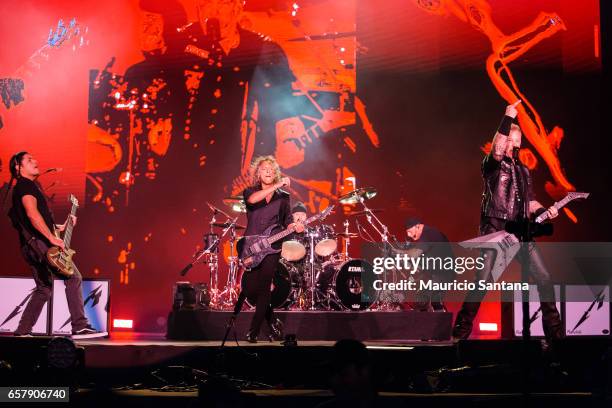 Robert Trujillo, Kirk Hammett, Lars Ulrich and James Hetfield members of the band Metallica performs live on stage at Autodromo de Interlagos on...