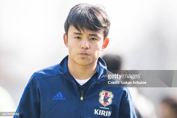 Takefusa Kubo of Japan warms up during a Friendly Match between MSV Duisburg and the U20 Japan on March 26, 2017 in Duisburg, Germany.
