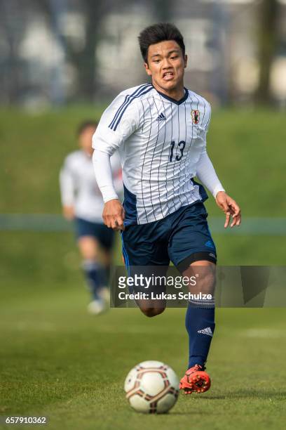 Reo Hatate of Japan in action during a Friendly Match between MSV Duisburg and the U20 Japan on March 26, 2017 in Duisburg, Germany.