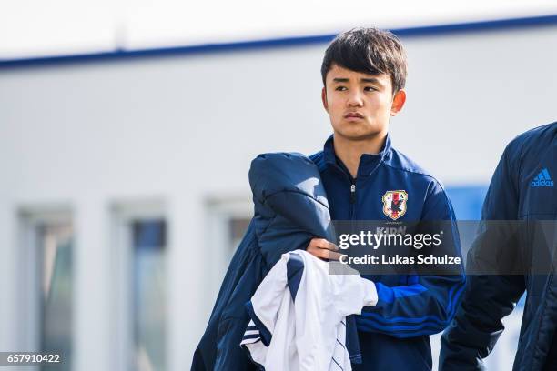 Takefusa Kubo of Japan arrives prior to a Friendly Match between MSV Duisburg and the U20 Japan on March 26, 2017 in Duisburg, Germany.