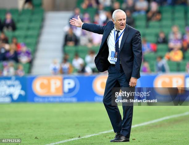 Graham Arnold, coach of Sydney FC reacts during the round 24 A-League match between Perth Glory and Sydney FC at nib Stadium on March 26, 2017 in...