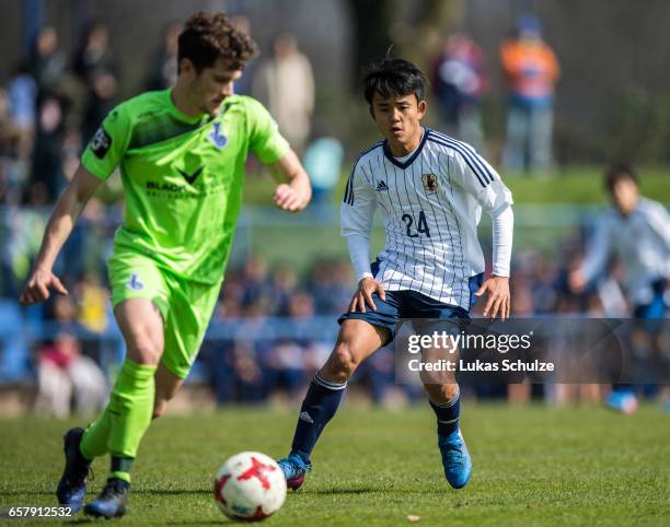 Takefusa Kubo of Japan in action during a Friendly Match between MSV Duisburg and the U20 Japan on March 26, 2017 in Duisburg, Germany.