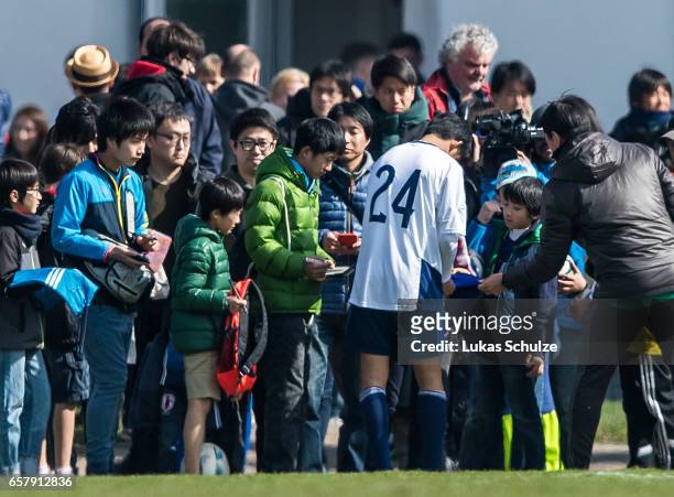 Takefusa Kubo of Japan is seen with fans after a Friendly Match between MSV Duisburg and the U20 Japan on March 26, 2017 in Duisburg, Germany.