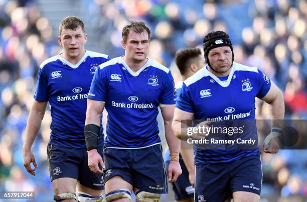 Dublin , Ireland - 25 March 2017; Leinster players, from left, Ross Molony, Rhys Ruddock and Mike Ross during the Guinness PRO12 Round 18 game...