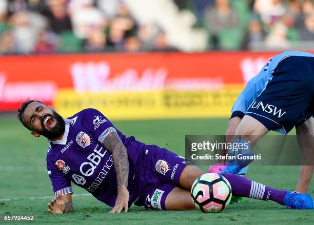 Diego Castro of the Glory reacts after being hit during the round 24 A-League match between Perth Glory and Sydney FC at nib Stadium on March 26,...