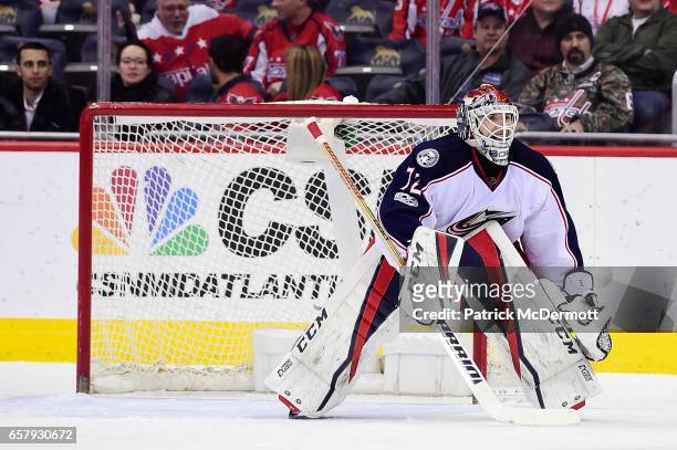 Sergei Bobrovsky of the Columbus Blue Jackets follows the puck against the Washington Capitals in the first period during an NHL game at Verizon...