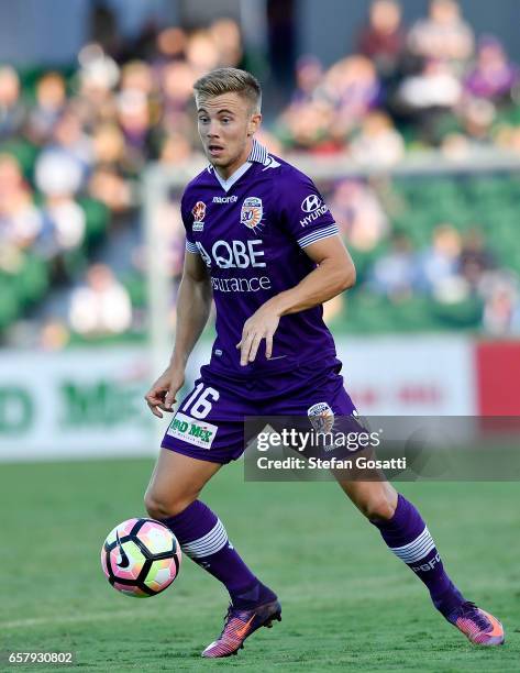 Joseph Mills of the Glory controls the ball during the round 24 A-League match between Perth Glory and Sydney FC at nib Stadium on March 26, 2017 in...