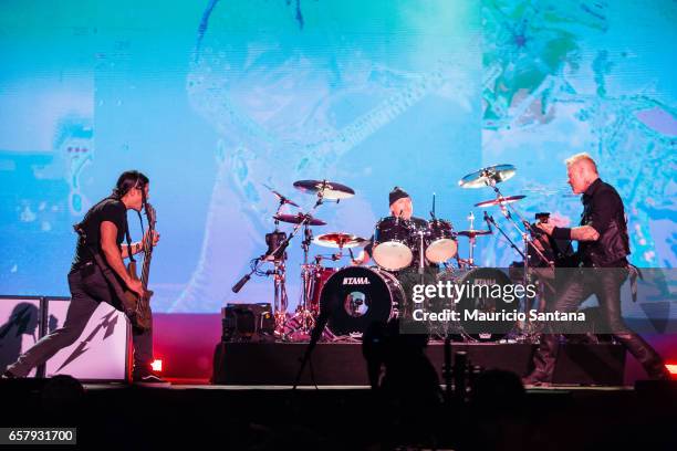 Robert Trujillo, Lars Ulrich and James Hetfield members of the band Metallica performs live on stage at Autodromo de Interlagos on March 25, 2017 in...