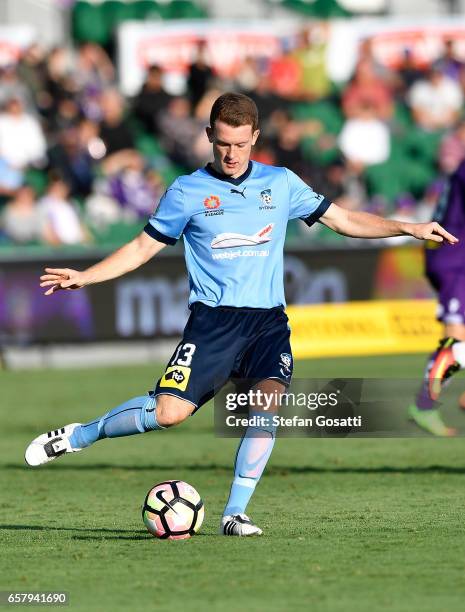 Brandon O'Neill of Sydney FC passes the ball during the round 24 A-League match between Perth Glory and Sydney FC at nib Stadium on March 26, 2017 in...