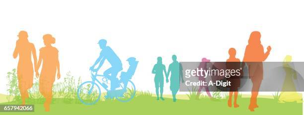 stockillustraties, clipart, cartoons en iconen met green park wandelingen - family cycling
