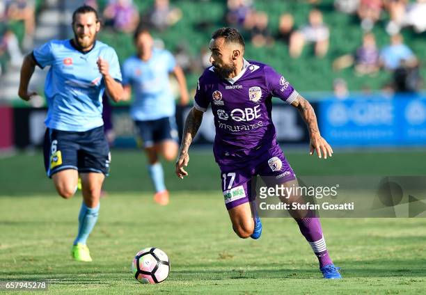 Diego Castro of the Glory looks to pass the ball during the round 24 A-League match between Perth Glory and Sydney FC at nib Stadium on March 26,...