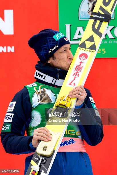 Noriaki Kasai of JAP celebrates his third place during Planica FIS Ski Jumping World Cup qualifications on the March 26, 2017 in Planica, Slovenia.