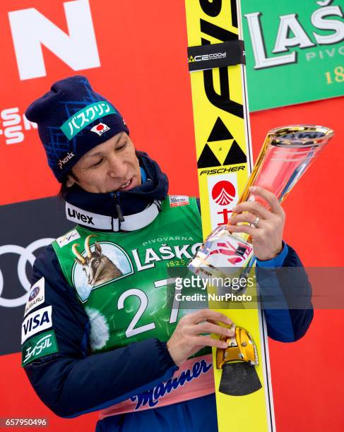 Noriaki Kasai of JAP celebrates his third place during Planica FIS Ski Jumping World Cup qualifications on the March 26, 2017 in Planica, Slovenia.