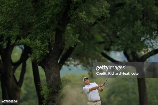 Bill Haas plays a shot on the 1st hole of his match during the semifinals of the World Golf Championships-Dell Technologies Match Play at the Austin...