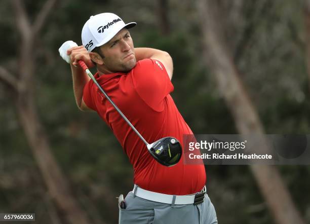 Jon Rahm of Spain tees off on the 2nd hole of his match during the semifinals of the World Golf Championships-Dell Technologies Match Play at the...