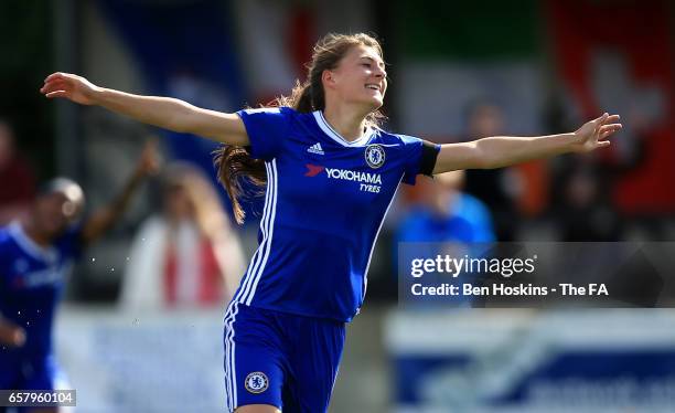 Hannah Blundell of Chelsea celebrates scoring her team's fourth goal of the game during the SSE FA Women's Cup Sixth Round match between Chelsea...