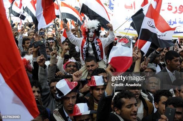 Houthis and supporters of ousted leader Ali Abdullah Saleh gather to protest the Saudi-led operations during a rally on the second anniversary of the...