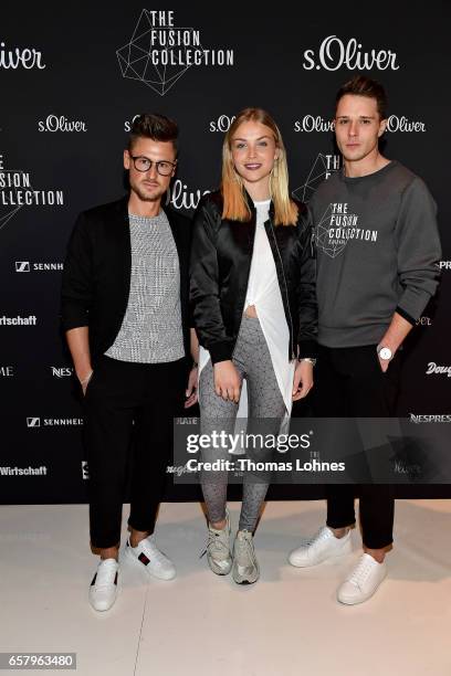 Andre Hellmundt, Patrizia Palme and Konstantin Krayer attend the s.Oliver THE FUSION COLLECTION Fashion Show at Festhalle on March 25, 2017 in...