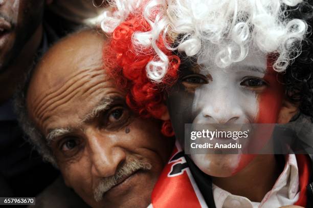 Houthis and supporters of ousted leader Ali Abdullah Saleh gather to protest the Saudi-led operations during a rally on the second anniversary of the...