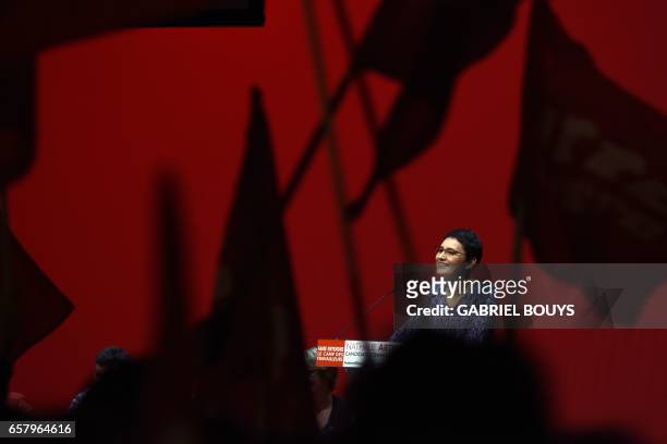 French presidential election candidate for the far-left party Lutte Ouvriere Nathalie Arthaud delivers a speech during a meeting on March 2017 in...