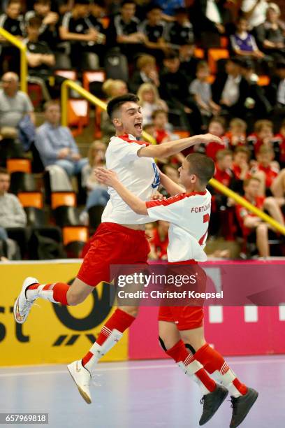 Yusuf Oemek of SC Fortuna Koeln celebrates the third goal with Can Ertem of SC Fortuna Koeln during the final match between SV Sandhausen and Fortuna...