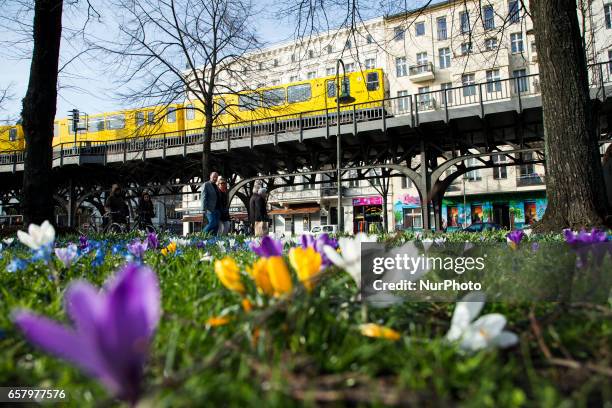 Bahn train is pictured on a viaduct in a sunny day in the district of Kreuzberg in Berlin, Germany on March 25, 2017.