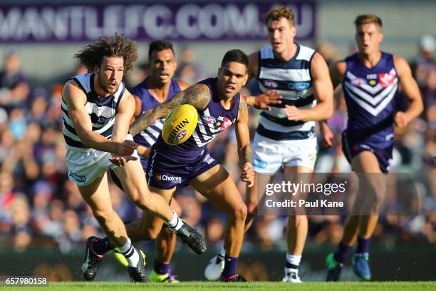 Josh Cowan of the Cats handballs during the round one AFL match between the Fremantle Dockers and the Geelong Cats at Domain Stadium on March 26,...