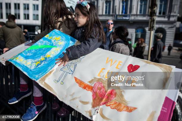 In front of the European Parliament people gathered to celebrate the European Union in Brussels on 25 March 2017.