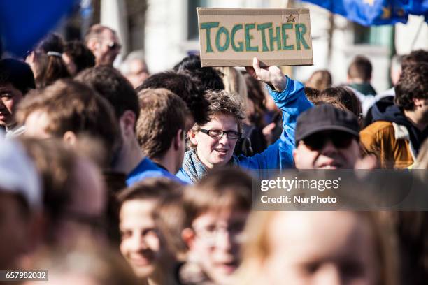 In front of the European Parliament people gathered to celebrate the European Union in Brussels on 25 March 2017.