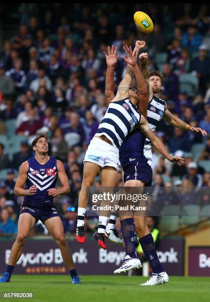 Tom Ruggles of the Cats contests a mark against Aaron Sandilands of the Dockers during the round one AFL match between the Fremantle Dockers and the...