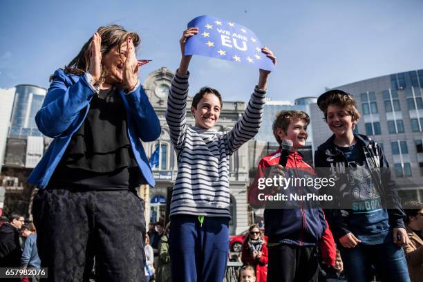 In front of the European Parliament people gathered to celebrate the European Union in Brussels on 25 March 2017.