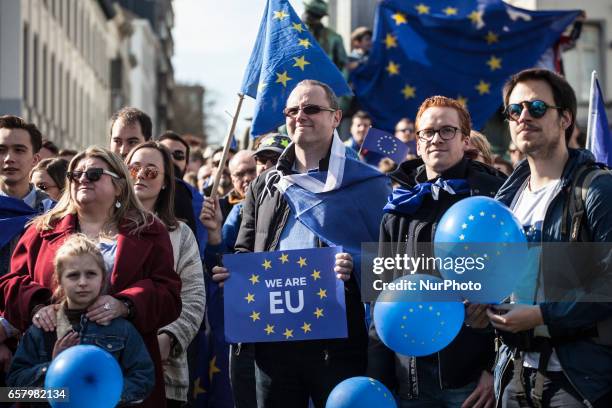 In front of the European Parliament people gathered to celebrate the European Union in Brussels on 25 March 2017.